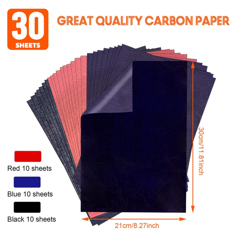 psler ورق كربون لتتبع ورق نقل الجرافيت - PSLER 10 أوراق حمراء، 10 أوراق زرقاء، 10 قطع سوداء لتتبع أنماط الرسم على المشاريع الخشبية، فنان قماش A4 مقاس 8.5 × 11 بوصة - Image 2